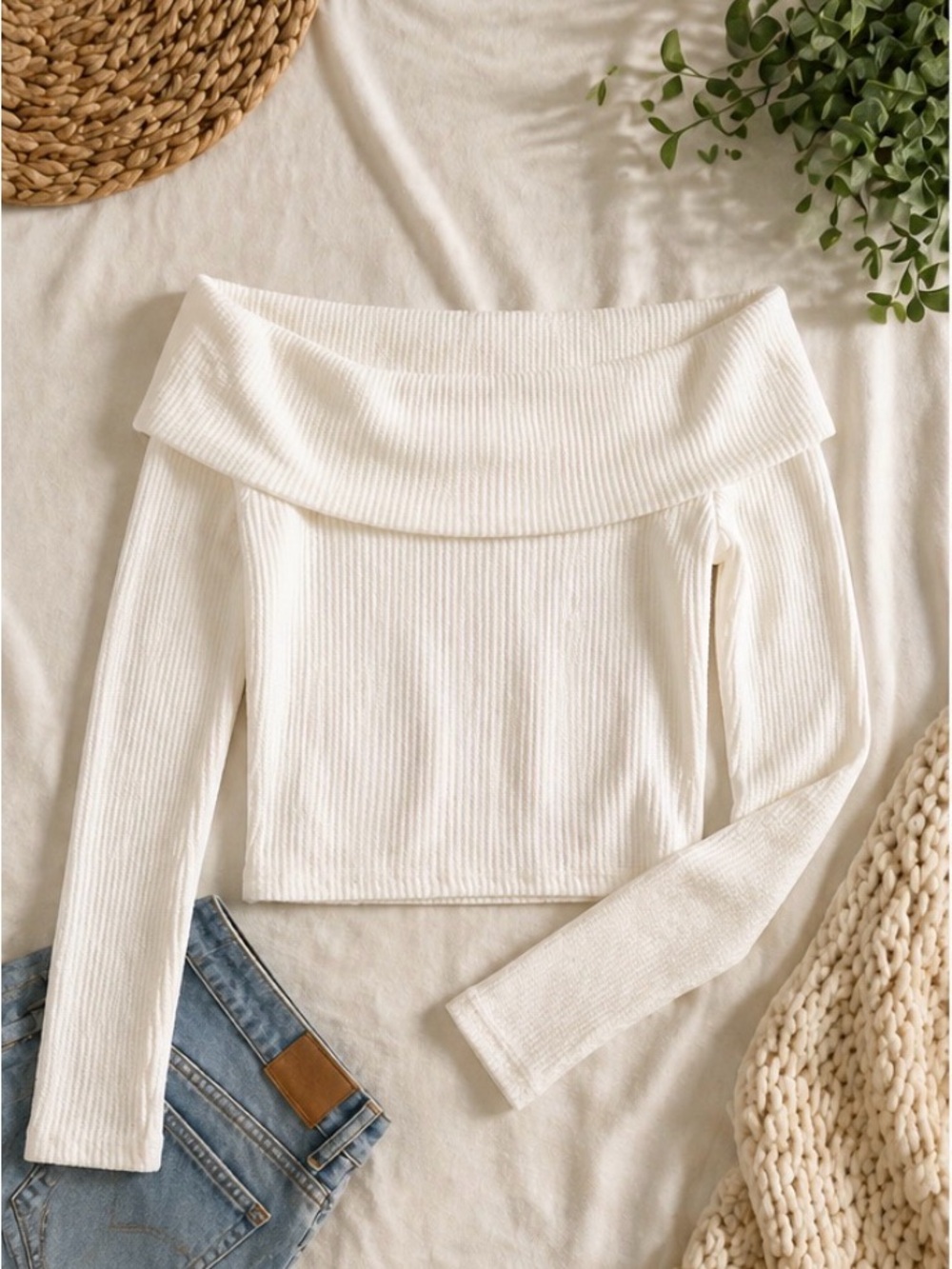 Off-the-Shoulder Ribbed Knit Sweater - Cream - Picture 3 of 3